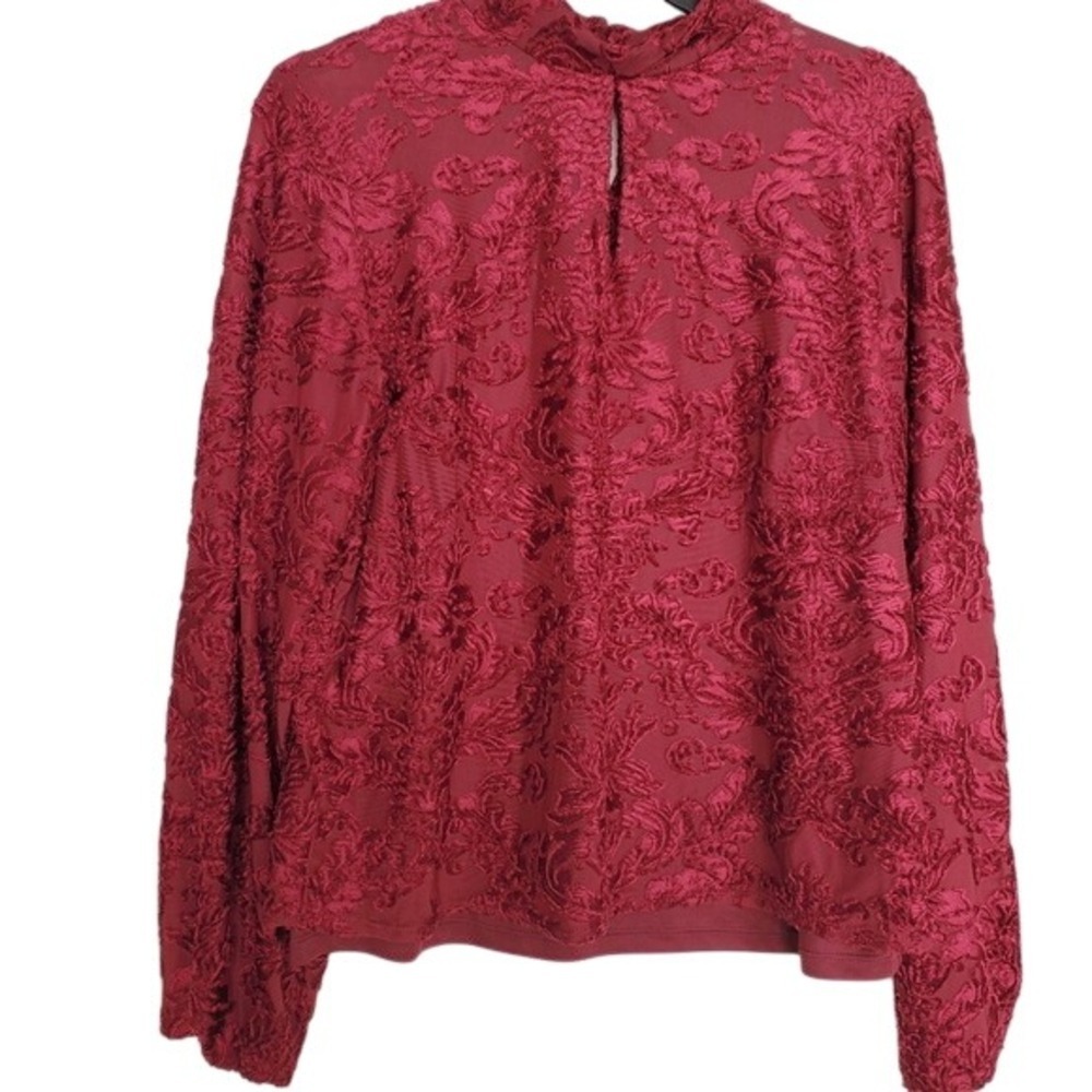 Calligraphie Merlot Velvet Floral Print Long Sleeve Blouse Mock Neck‎ Key Hole